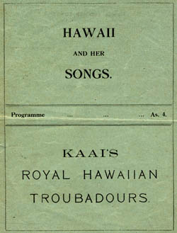 Program from a performance of Kaai's Royal Hawaiian Troubadors