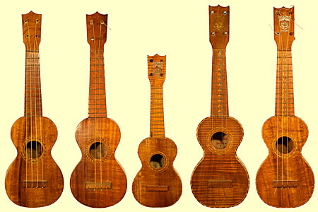 An assortment of Kumalae ukuleles, including a mini