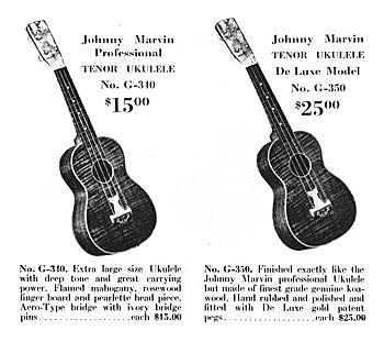 Advertisement for the Johnny Marvin ukulele, showing both the standard mahogany model, as well as the koa Prince of Wales model